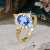 1.5CT Oval Cut Sapphire Classic Side Stone 4 Prong Engagement Ring Unique Halo Bridal Ring